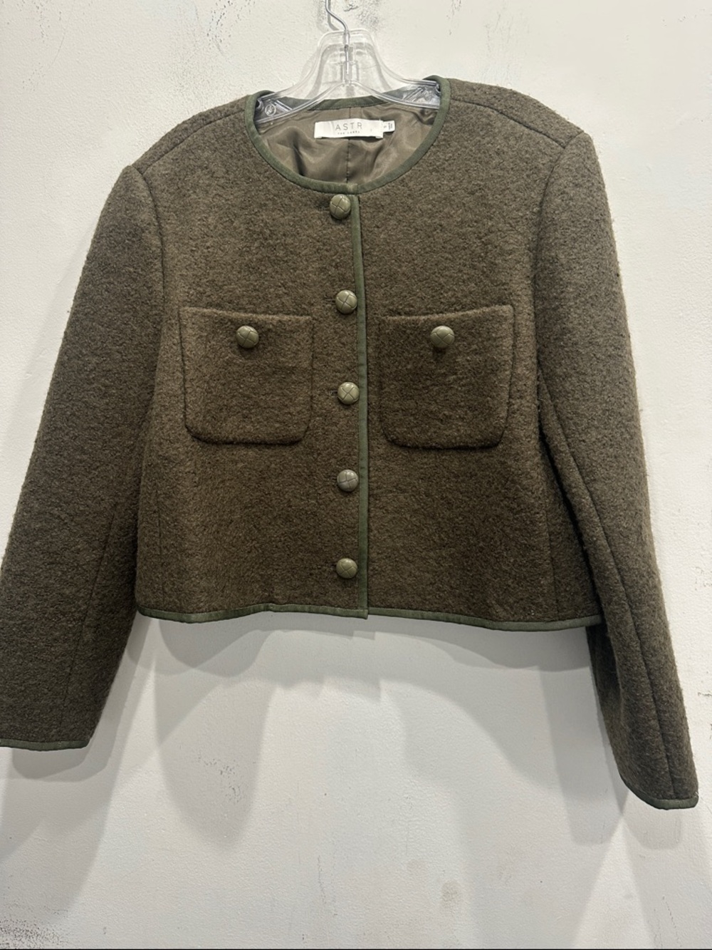 ASTR The Label cropped Jacket olive green wool blend size small classic tweed